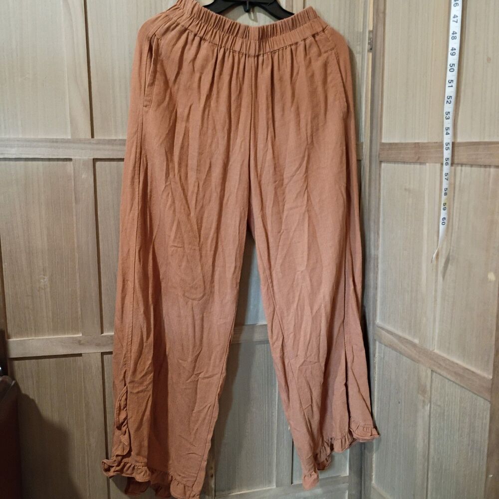 Umgee Wide Leg Ruffle Hem Pants in Rust